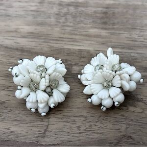Vintage Floral flower White glass beaded clip on Earrings made in Germany
